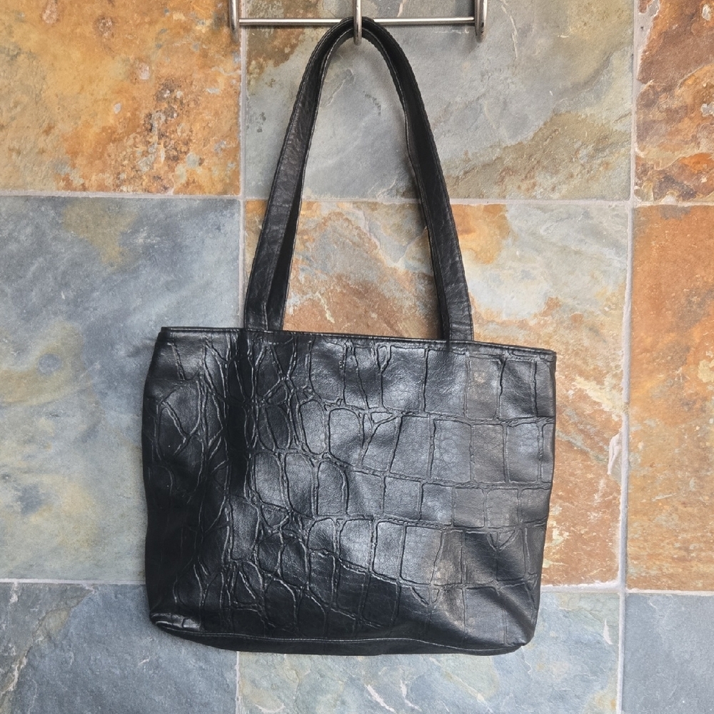 Faux Elegant Black Croc-Embossed Tote